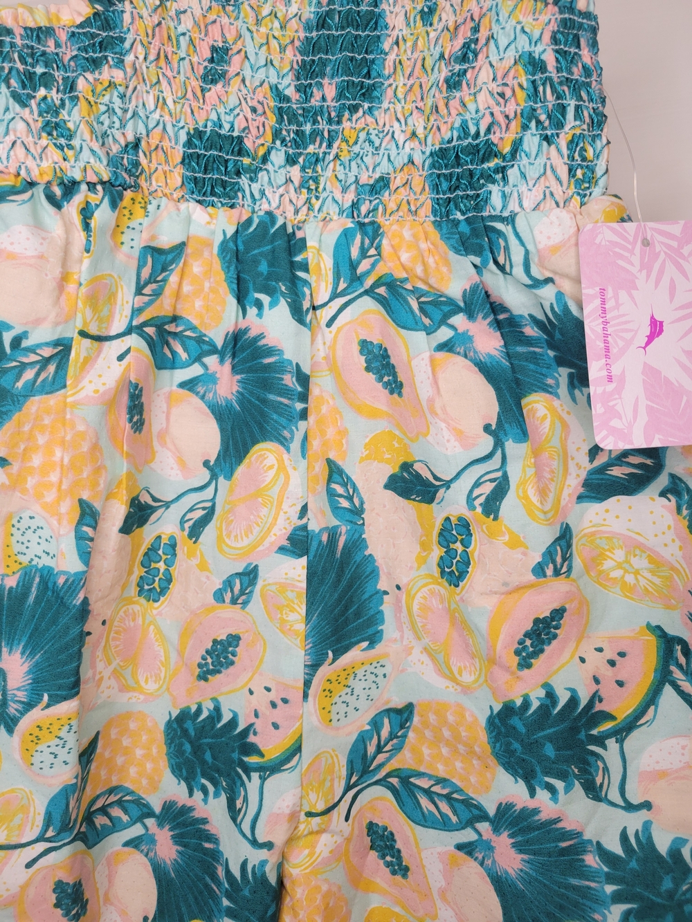 Tommy Bahama Girls Tropical Fruit Smocked Romper in Teal, Yellow & Peach - Picture 3 of 9